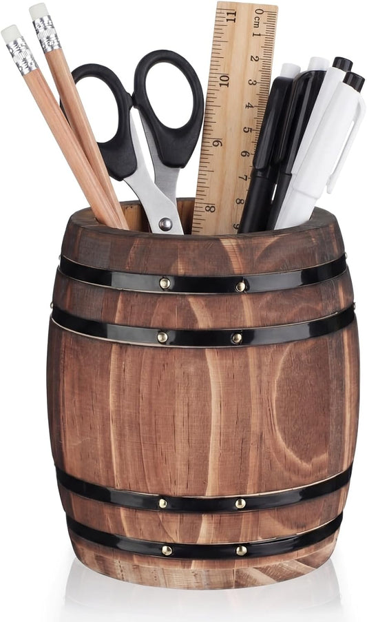 1 Pcs Wine Barrel Wooden Pen Holder, Rustic Office Decor