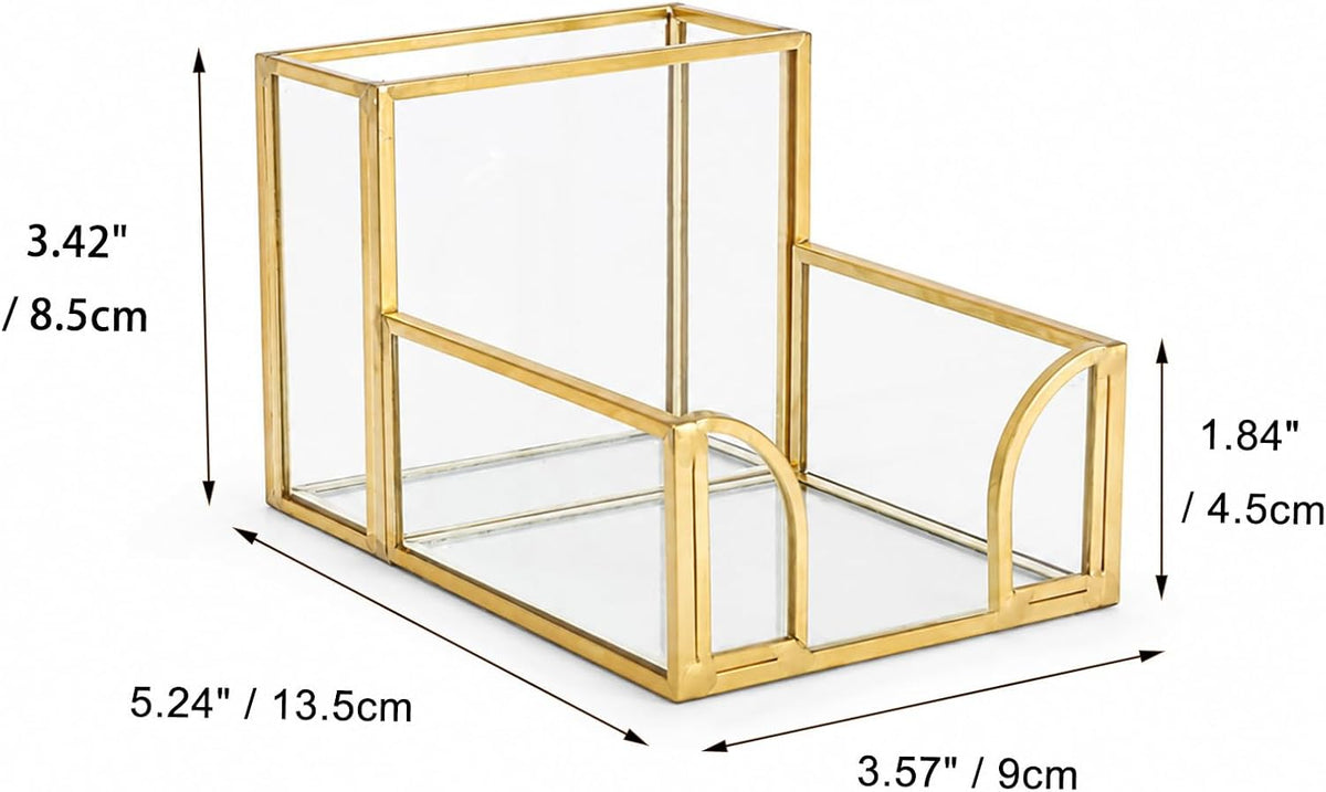 Feyarl Gold Glass Note Holder with Pen Pencil Cup 3x3 Inch Sticky Notes Desk Organizer Markers Pen Storage Desktop Accessory for Office Home Classroom