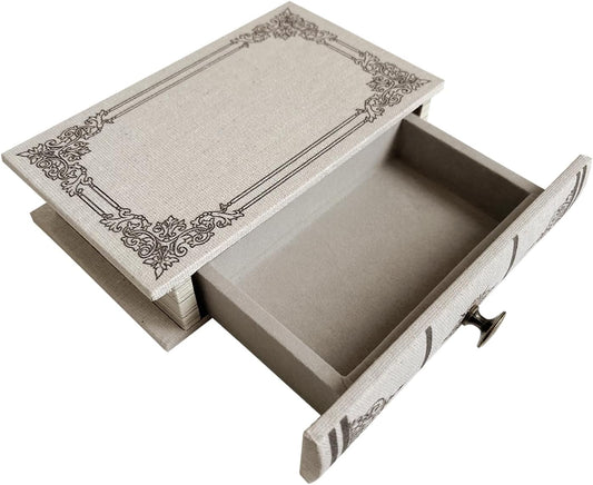 Vintage Book Storage Box with Drawer, Natural Linen-Textured Cover with Classic Frame Pattern, Hidden Organizer for Jewelry, Keepsakes or Desktop Use 9.5″ x 6.7″ x 2″