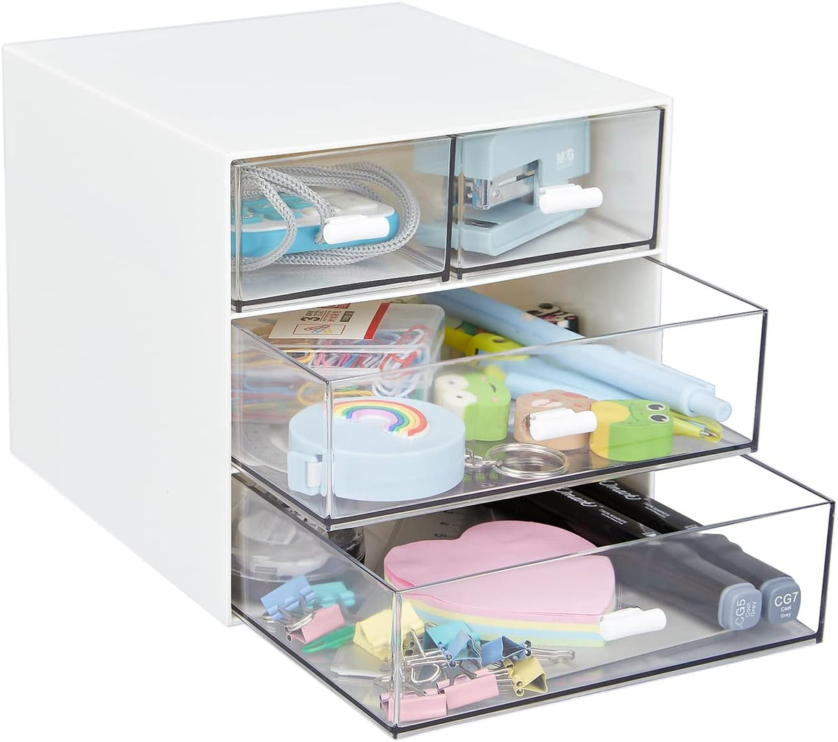 Desk Organizer with 4 Drawers, Clear Plastic Desk Storage Box, Desktop Organization for Office Supplies, Gel Pens, Pencils, Markers, Tape, Erasers, Paperclips, Chargers (White-4 Draws)