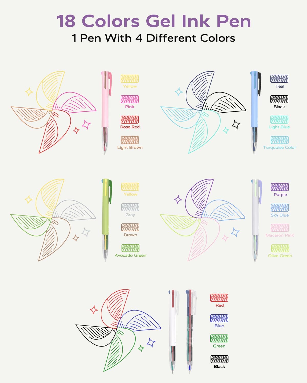Four Candies Multicolor Pen, 4-in-1 Gel Ink Pens, 6 Pack, 18 Colors, 0.5mm