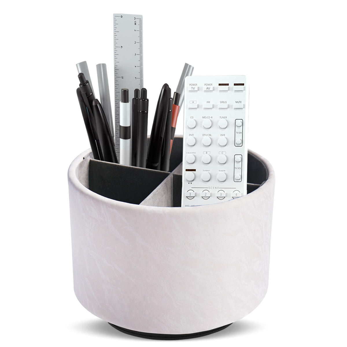 Round Leather Art Supply Organizer,Remote Control Holder,360 Degree Rotating,Multi-Functional Pencil Holder,4 Compartments Desktop Stationary Organizer(1-Fractal Flower)