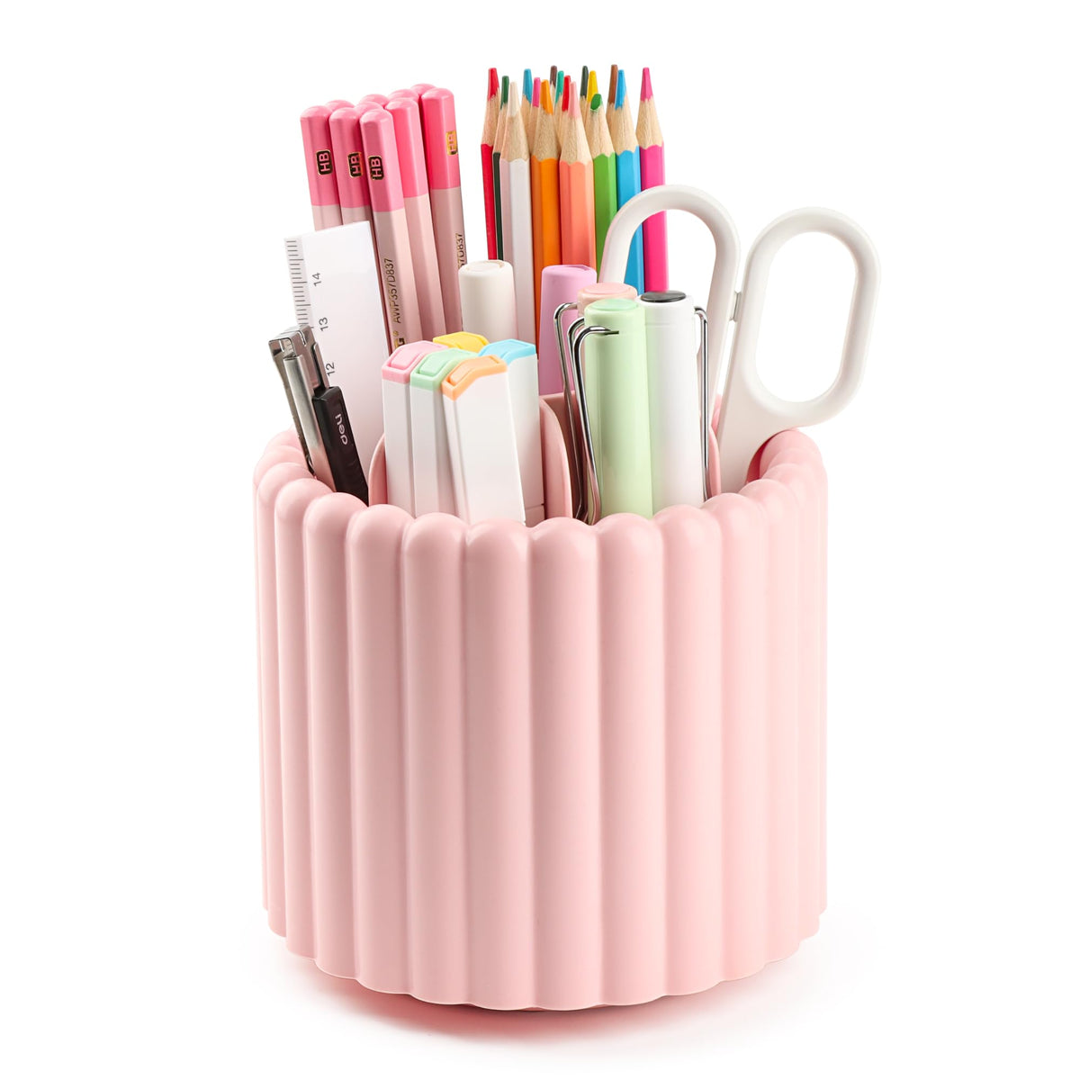 Desk Organizer, 360° Rotating Pen Holder for Desk, Pencil Cup with 7 Compartments Storage Box Caddy for Kids, Office, School, Home (Pink)