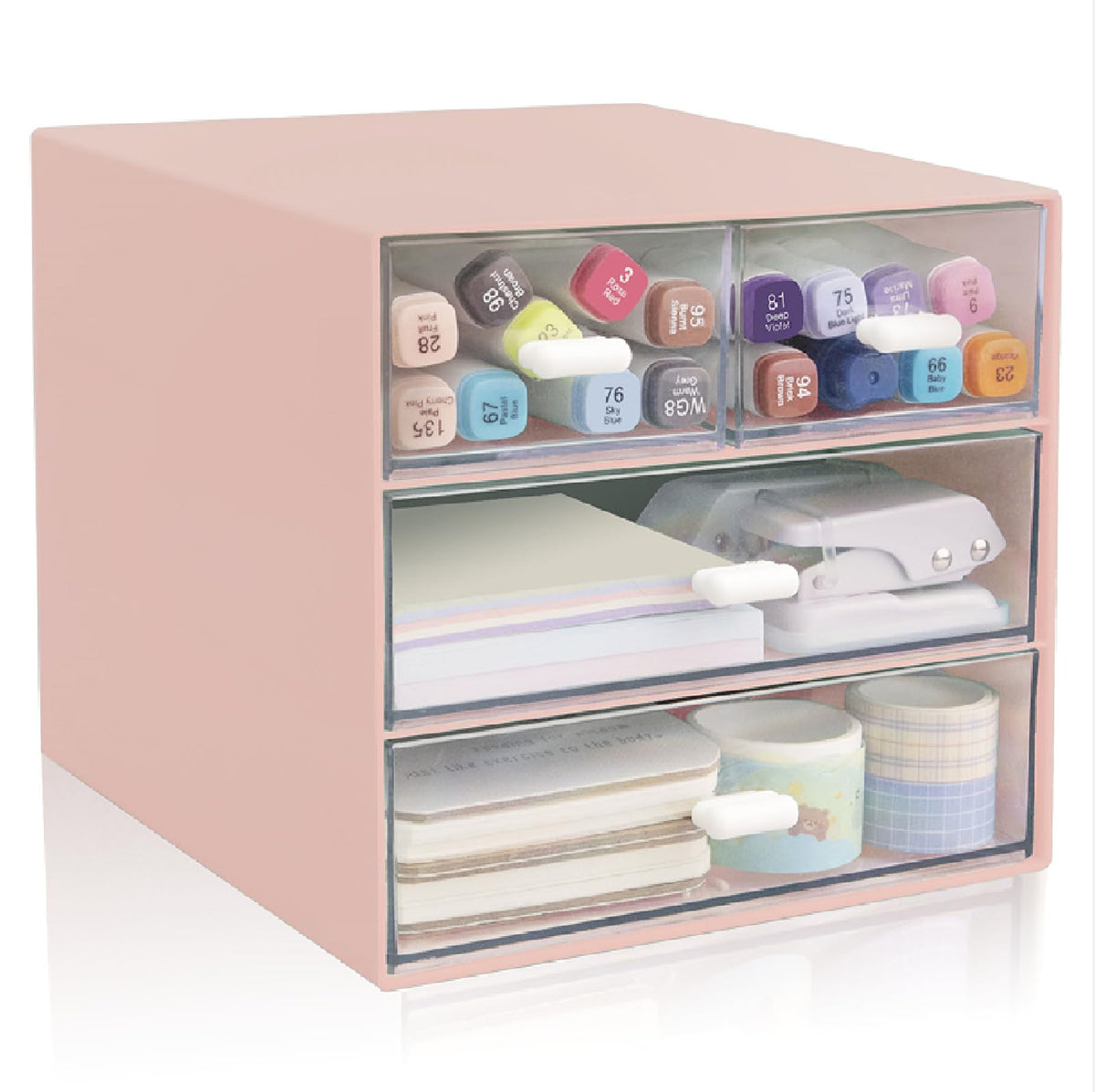 Desk Organizer with Drawer, Office Organizer with 4 Drawers, Desk Storage Box for, Desktop, Dressing table, Office, School, Home, Plastic Box and 4 Acrylic Drawers(White)
