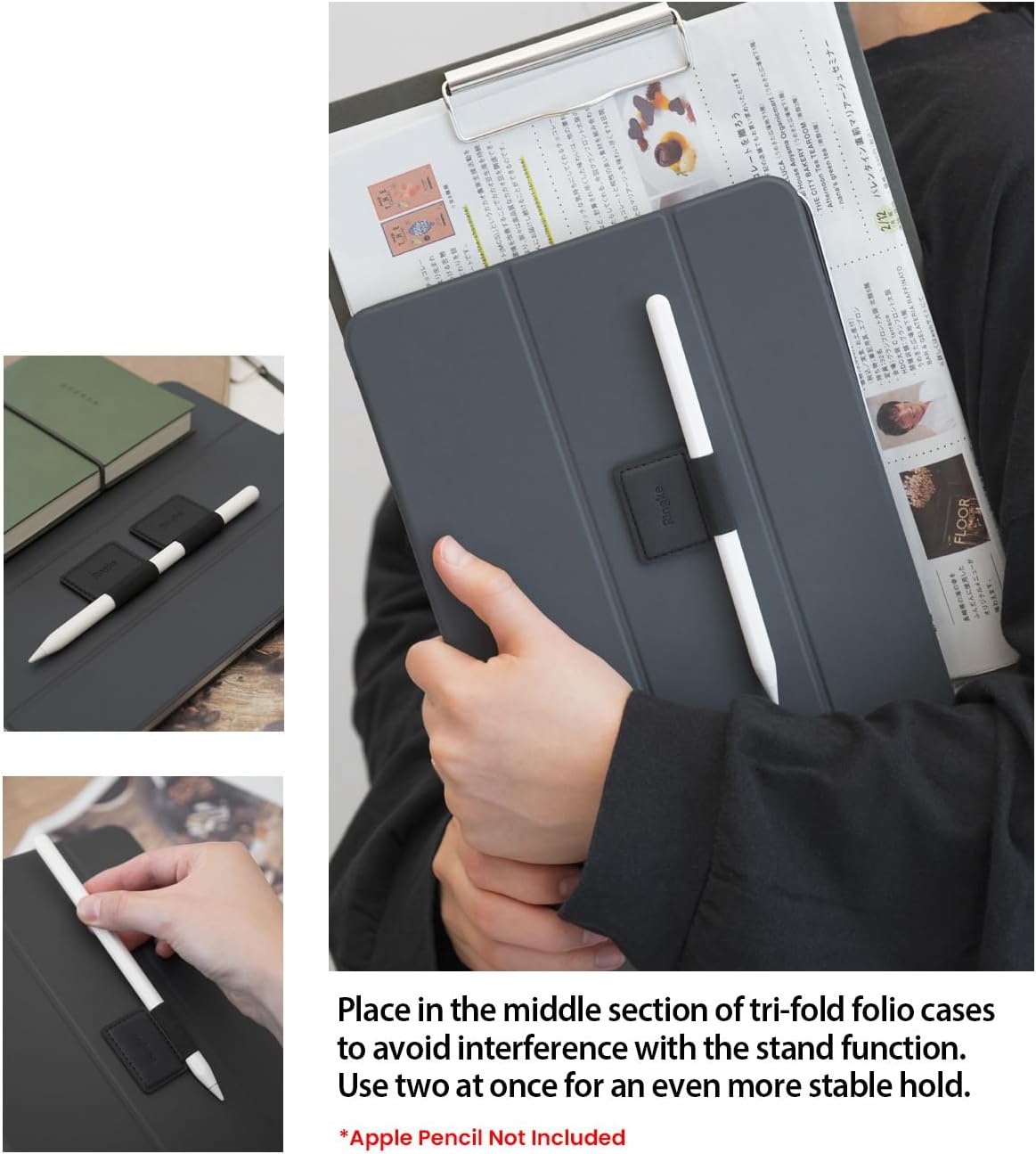 Ringke Pen Holder for Apple Pencil, Journal, Notebooks, and More - 3M Self Adhesive PU Leather Durable Pen Loop with Elastic (3 PACK) - Black