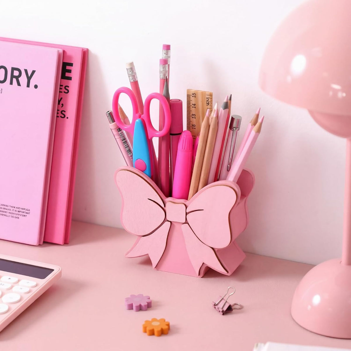 Tenceur Pink Bow Pen Holder for Desk Large Capacity Pencil Holder for Girls