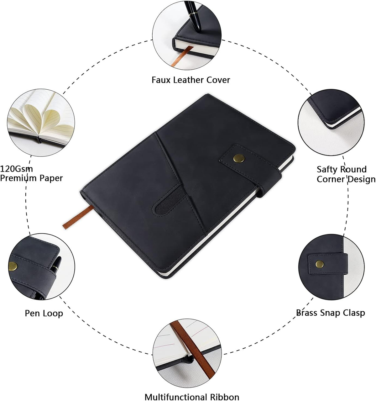 A5 Lined Notebook 5.9"x8.4", Leather Journal with Pen & Gift Box, 200 Pages
