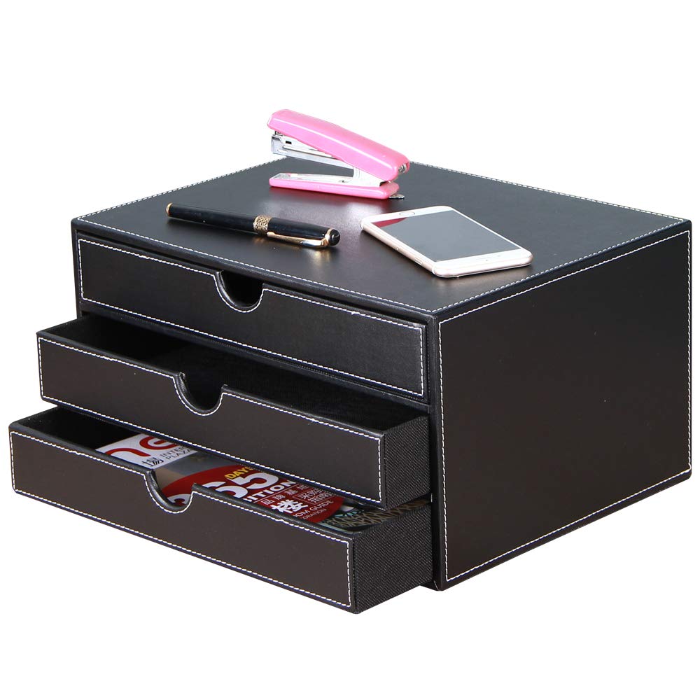 Stackable 3-Drawer Desk Organizer, Executive Office Supplies Desktop Filing A4 File Cabinet/Holder, Leather Storage Box for Document/Paper/Home Decor Accessories (brown)…
