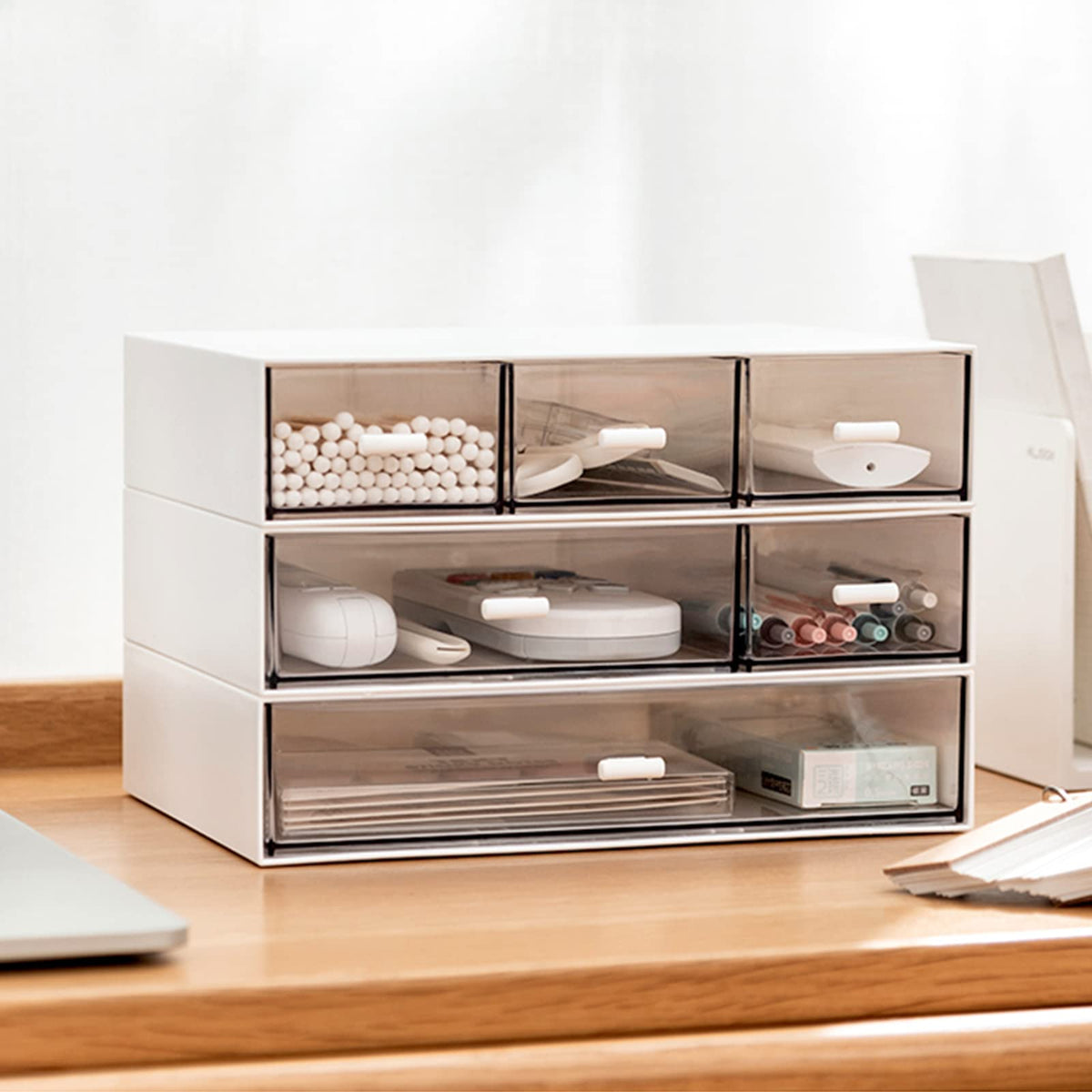 Desk Organizer with Drawers Stackable Storage Drawers, Plastic Compact Desk Storage Box Great for Office School Home Small Space- 1drawers (White)
