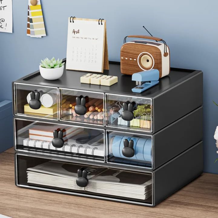 Marbrasse Desk Organizer with 6 Drawers, 3 Tier Stackable Storage Drawers Plastic Makeup Storage, Office Organizers and Storage, Desk Storage Box for Office, School, Home Pink