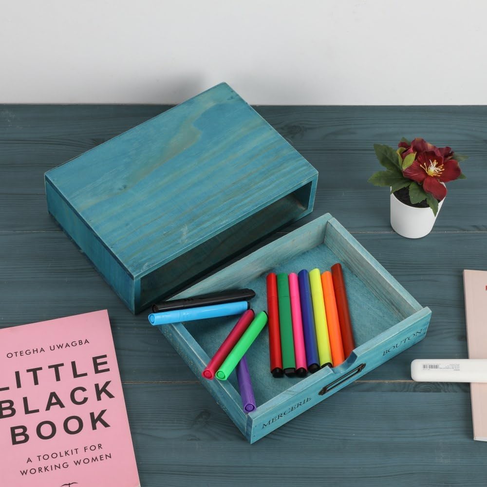 Wooden Drawers Blue Wood Desktop Organizer with Drawers