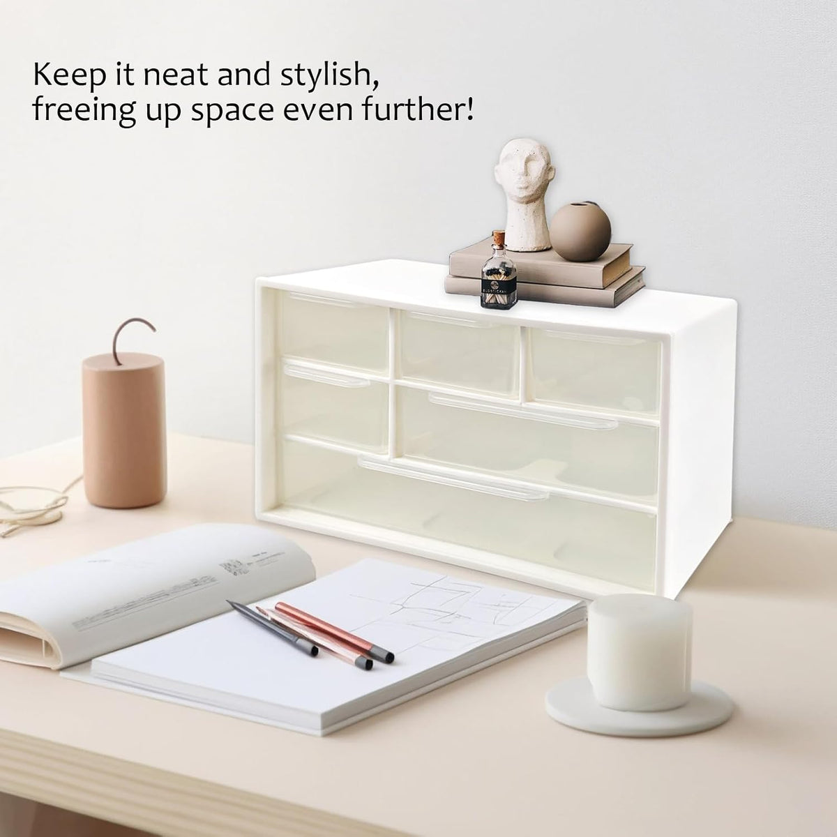 Small Mini Desk Drawer Organizer, 6 Clear Drawers, 7" x 3.9" x 4.7", White