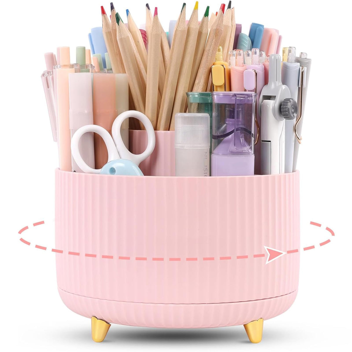 KONVINIT Pencil Pen Holder for Desk, 5 Slots 360 - Degree Rotating Desktop Organizer, Cute Desk Organizers and Accessories for School, Home, Office and Art Supply, Black