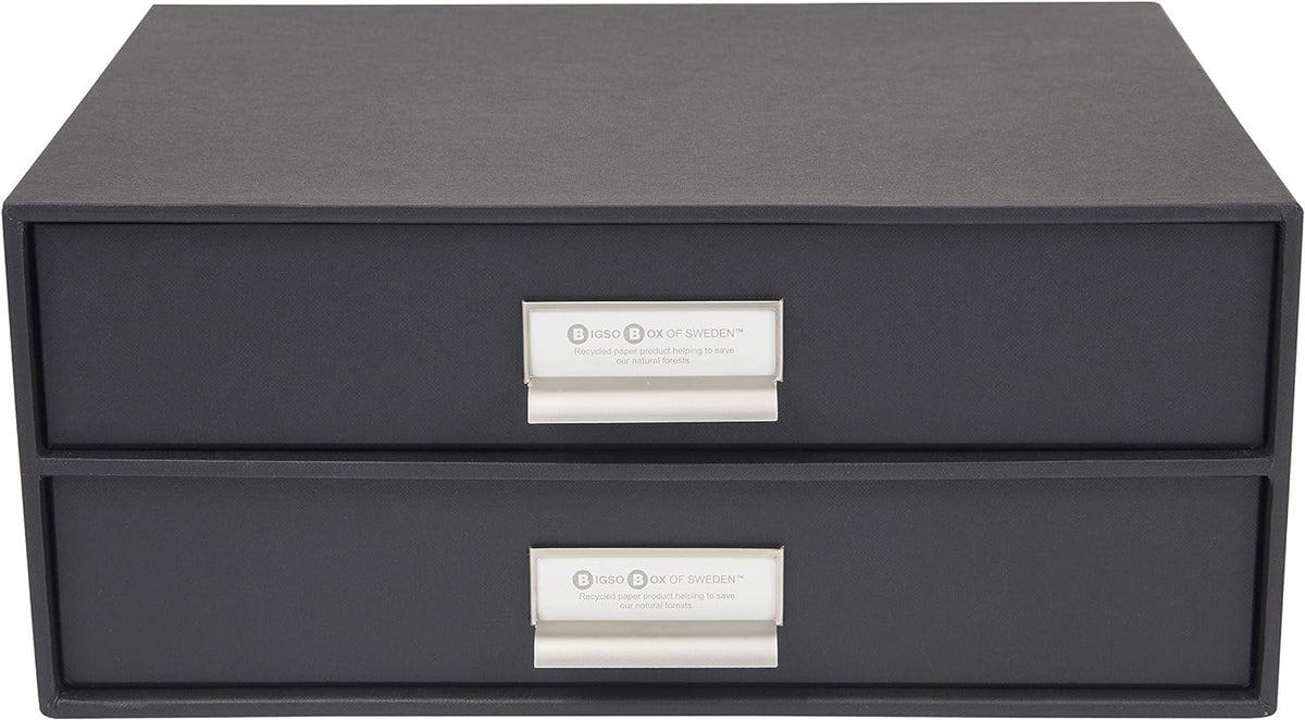 Bigso Box of Sweden Birger 2-Drawer Fiberboard Label Frame Document Letter Box | Desktop Drawers for Loose Papers, Documents & More with Metal Label Holder | 13.1" x 10" x 5.7" | White