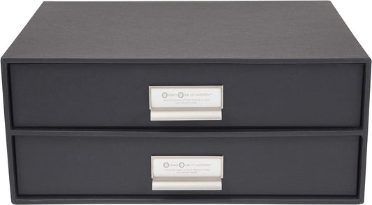 Bigso Box of Sweden Birger 2-Drawer Fiberboard Label Frame Document Letter Box | Desktop Drawers for Loose Papers, Documents & More with Metal Label Holder | 13.1" x 10" x 5.7" | White