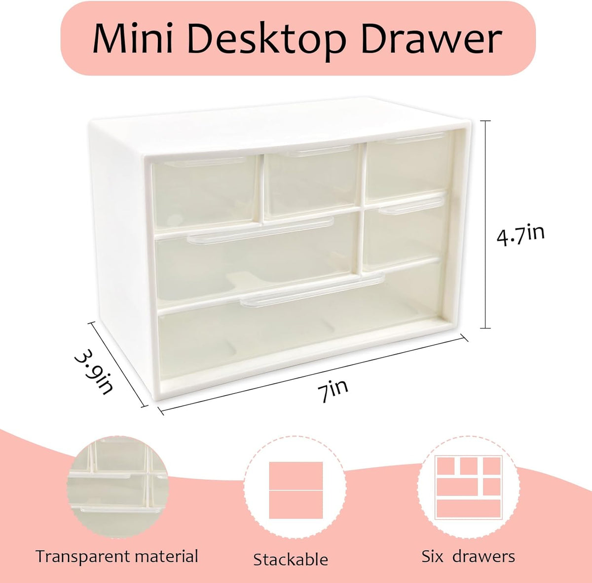 Small Mini Desk Drawer Organizer, 6 Clear Drawers, 7" x 3.9" x 4.7", White