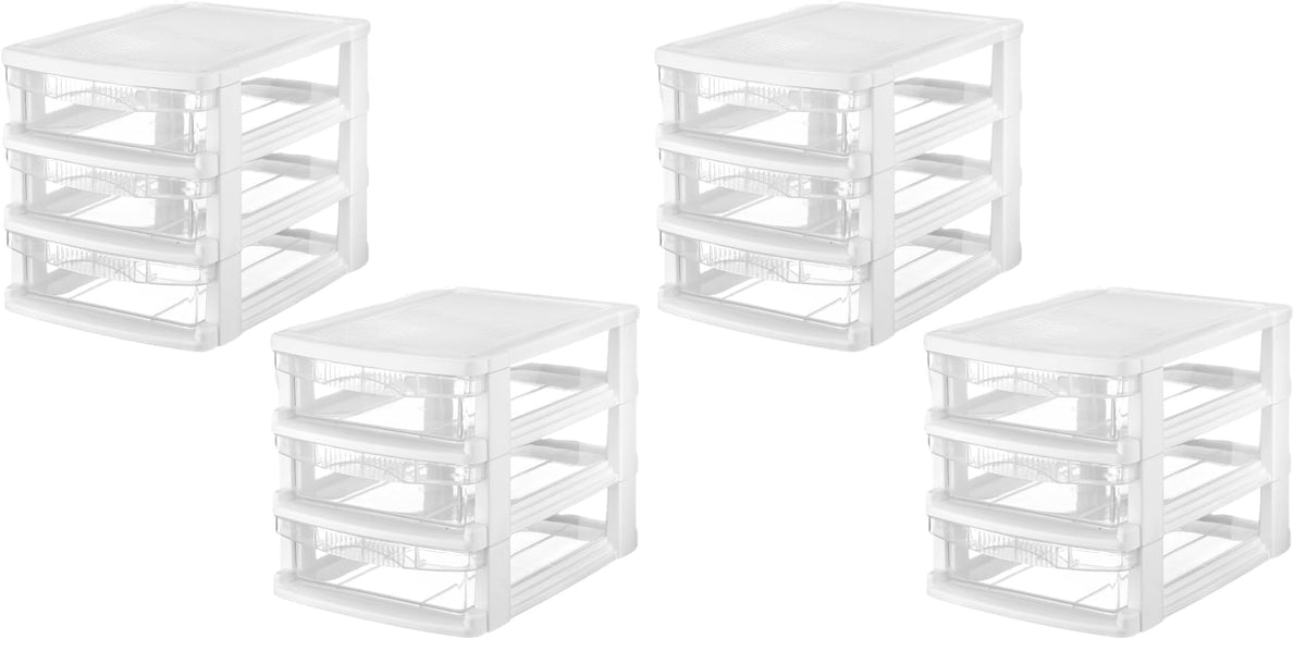 Tribello 3 Drawer Plastic Storage, Mini Drawer Unit, White Frame With Clear Drawers for Craft Storage - 8.5"L X 7"W X10"H Inches - (1 Pack)