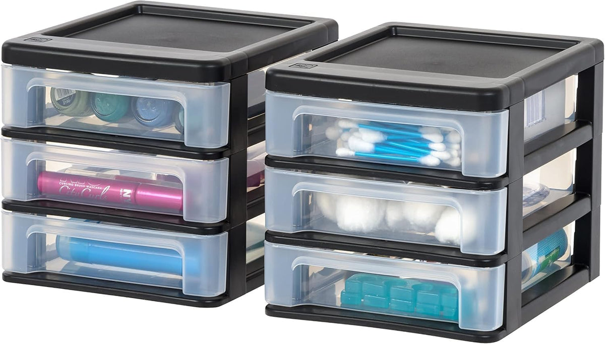 IRIS USA 2-Pack, 3-Drawer Medium Plastic Stacking Desktop Organizer, Black