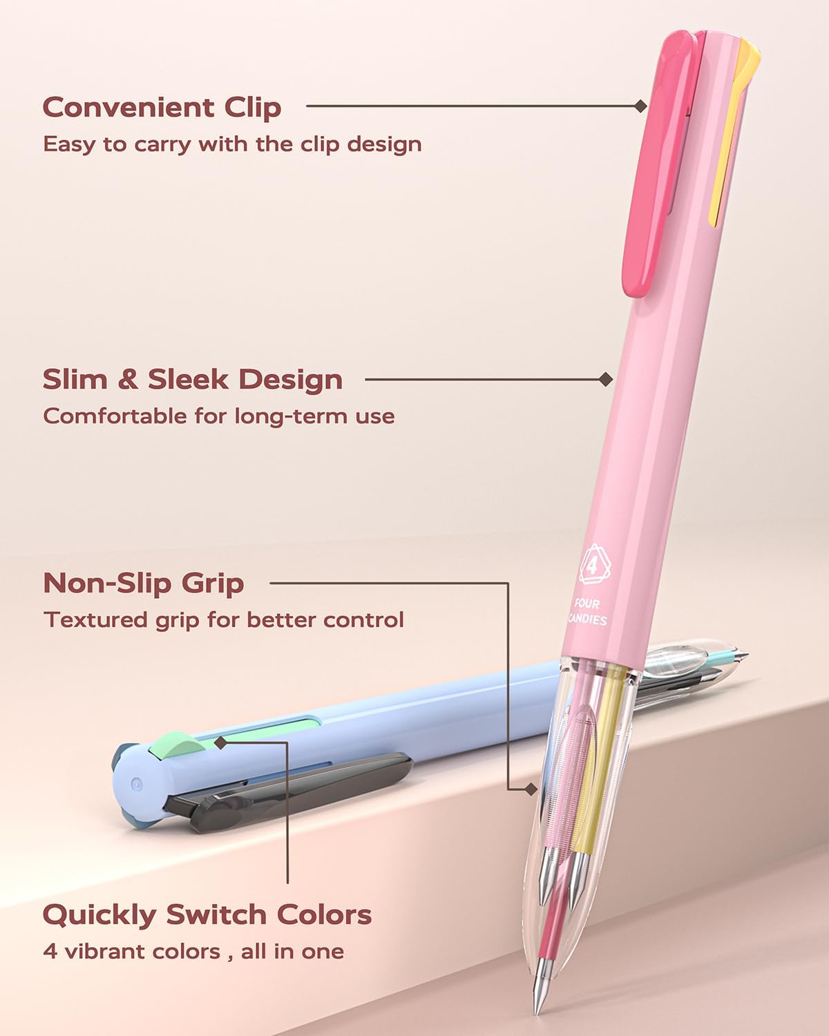 Four Candies Multicolor Pen, 4-in-1 Gel Ink Pens, 6 Pack, 18 Colors, 0.5mm
