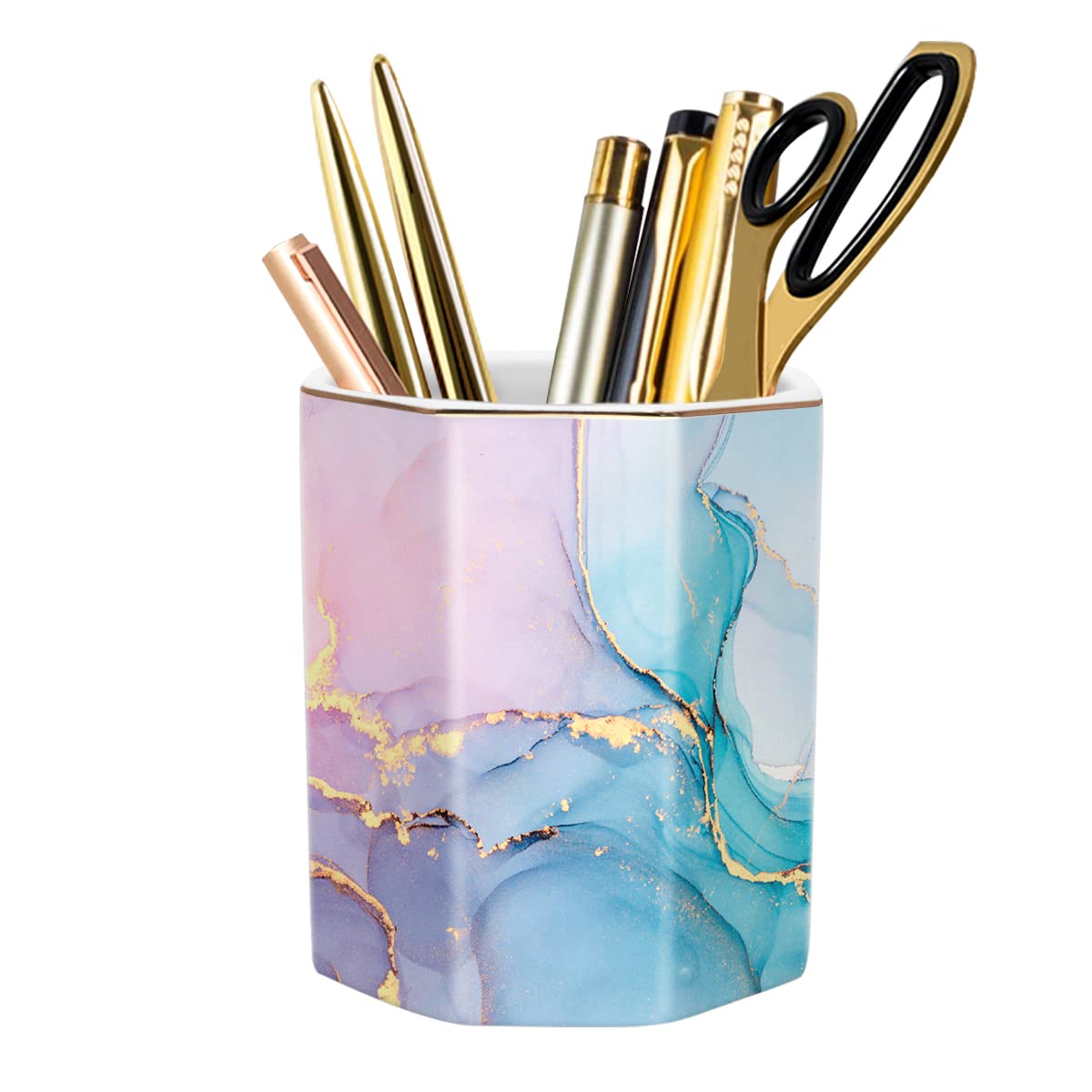 Ceramic Marble Pen Holder, Cute Stationery Holder for Office, Makeup Brush Holder for Girl Women, Colorful Green