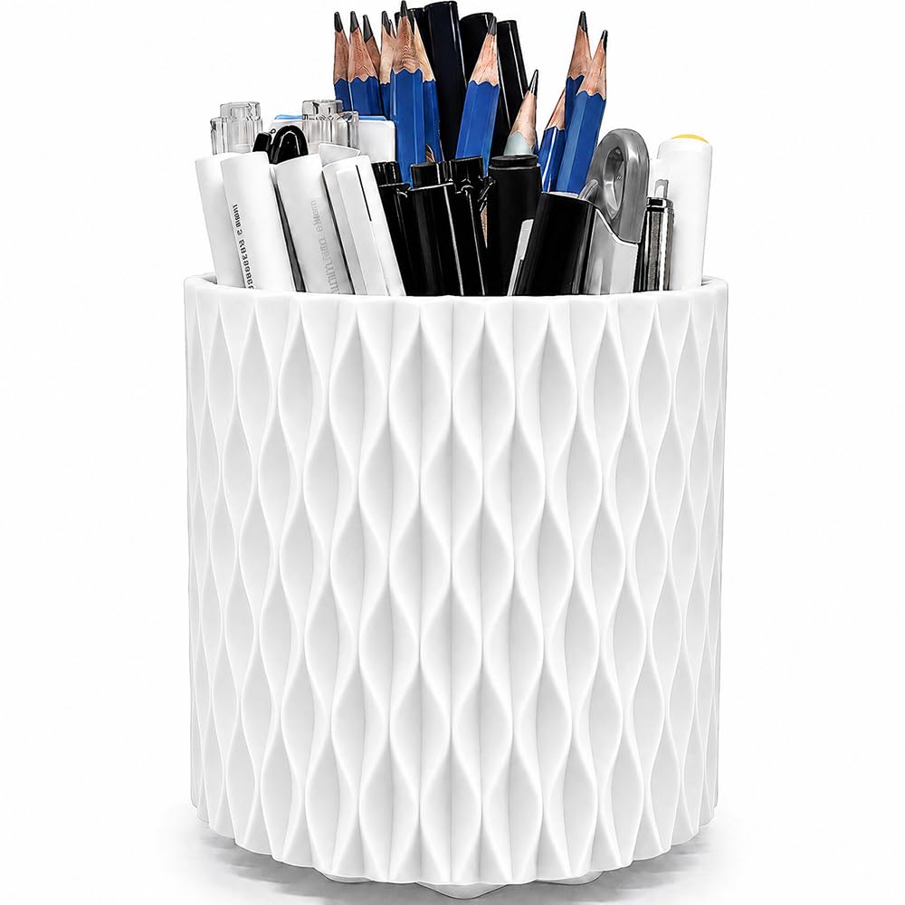 Lebenrich Rotating Pencil Holder for Desk, 5 Slots Unique Pink Organizer Easthetic Desktop Supplies and Accessories for Women Girls, Pen Cup Caddy for Office Home Art Supply