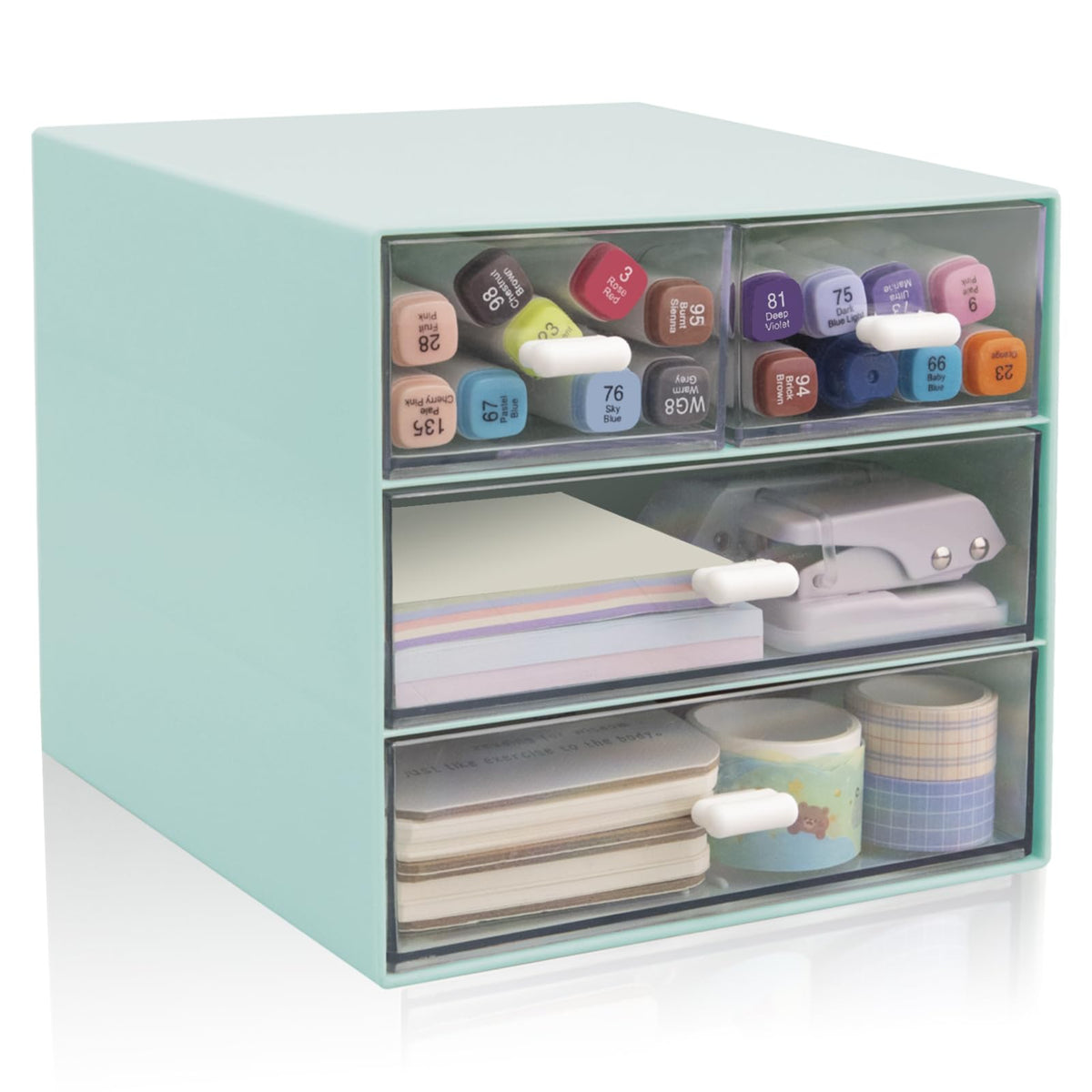 Desk Organizer with Drawer, Office Organizer with 4 Drawers, Desk Storage Box for, Desktop, Dressing table, Office, School, Home, Plastic Box and 4 Acrylic Drawers(White)