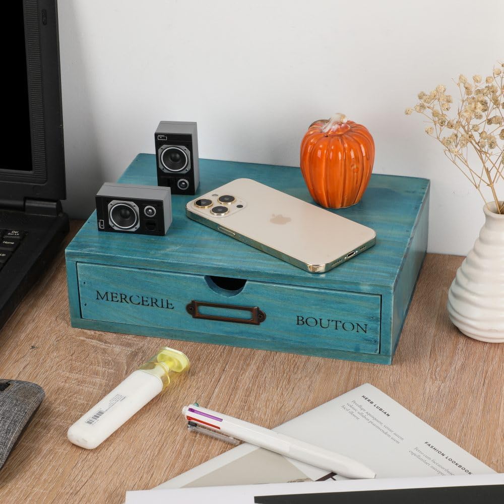 Wooden Drawers Blue Wood Desktop Organizer with Drawers
