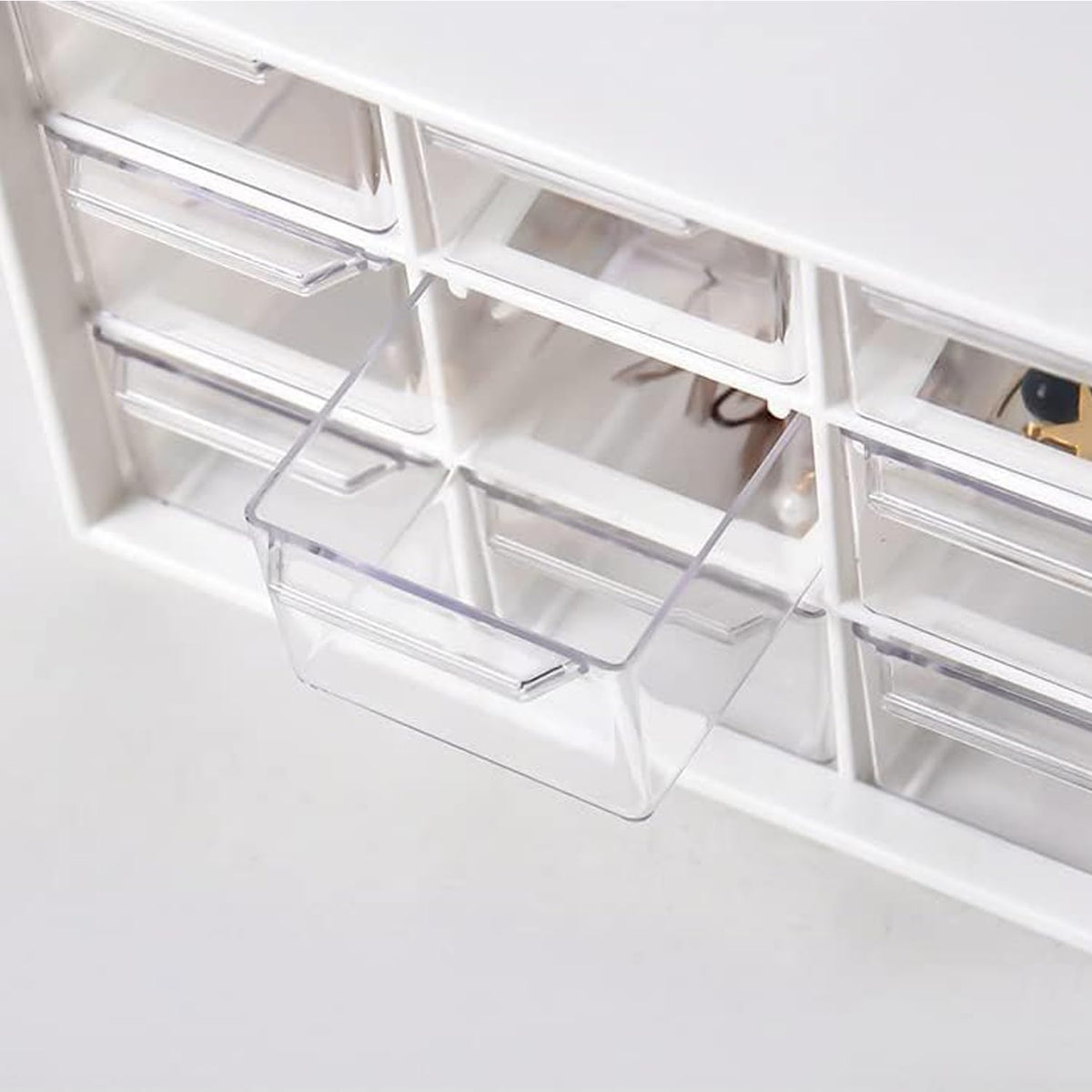 Small Drawer Organizer for Desk, 7.1" x 3. 8" x 4.6" Mini Desktop Drawer Organizer with 9 Clear Drawers, Plastic Desktop Craft Storage Box for Desk Office School Home (White)