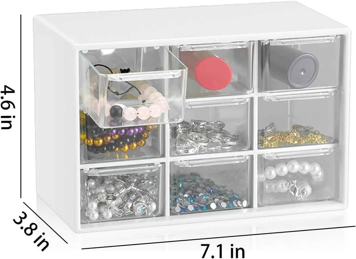 Small Drawer Organizer for Desk, 7.1" x 3. 8" x 4.6" Mini Desktop Drawer Organizer with 9 Clear Drawers, Plastic Desktop Craft Storage Box for Desk Office School Home (White)