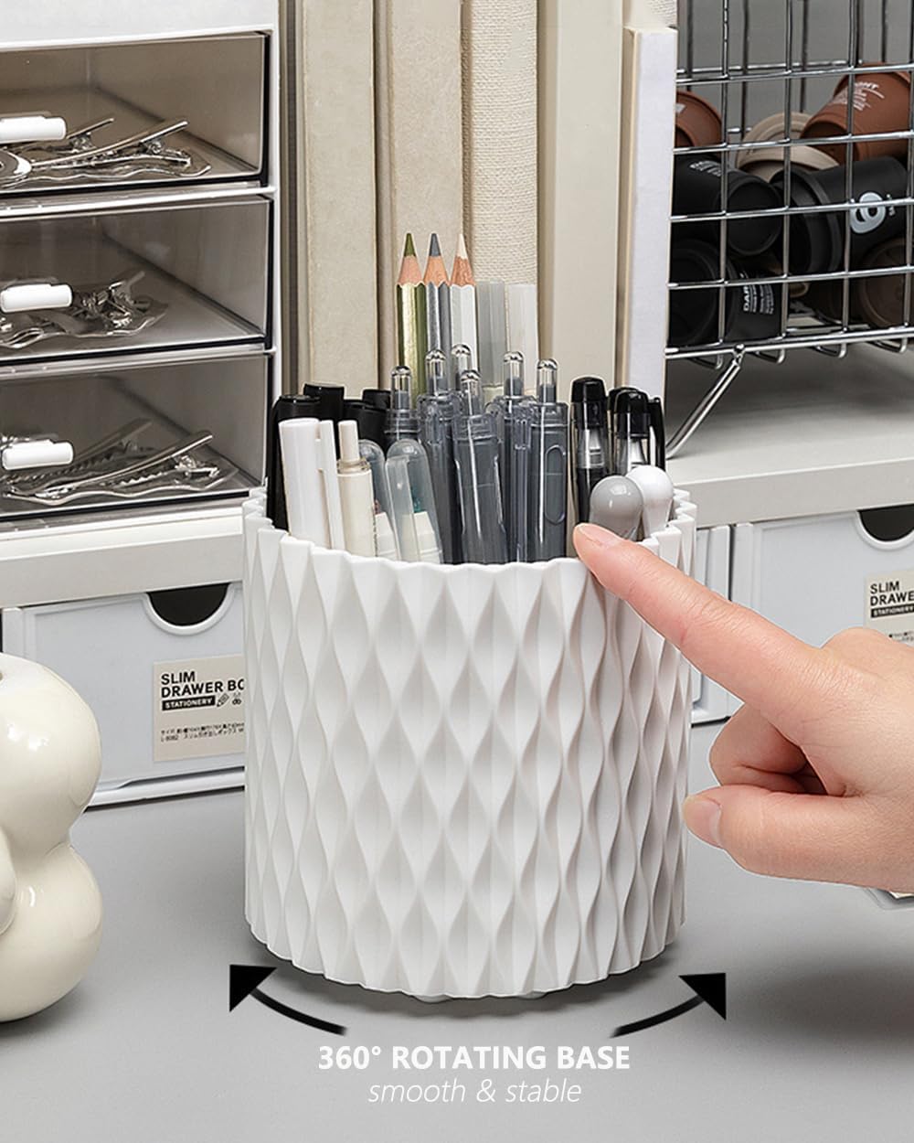 Lebenrich Rotating Pencil Holder for Desk, 5 Slots Unique Pink Organizer Easthetic Desktop Supplies and Accessories for Women Girls, Pen Cup Caddy for Office Home Art Supply