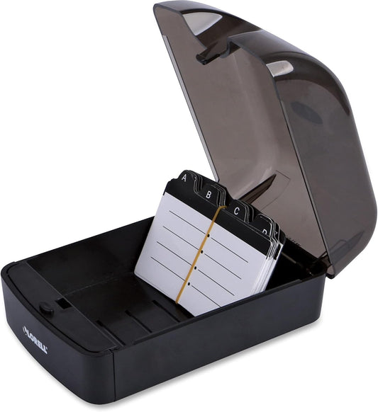 Lorell Business Card File, 350 Card Capacity, Black, Plastic, Modern, Office Supplies, Professionals, Unisex, Hinged, Portable