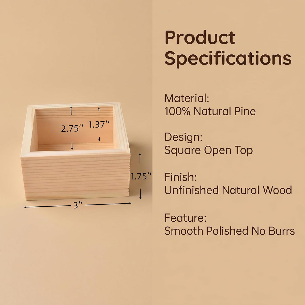 4 Pack Square Unfinished Pine Wood Storage Boxes, Natural Wooden Organizer Bins for Desktop, Bathroom, Kitchen, DIY Crafts, 8x8x4cm (small boxes 4p)
