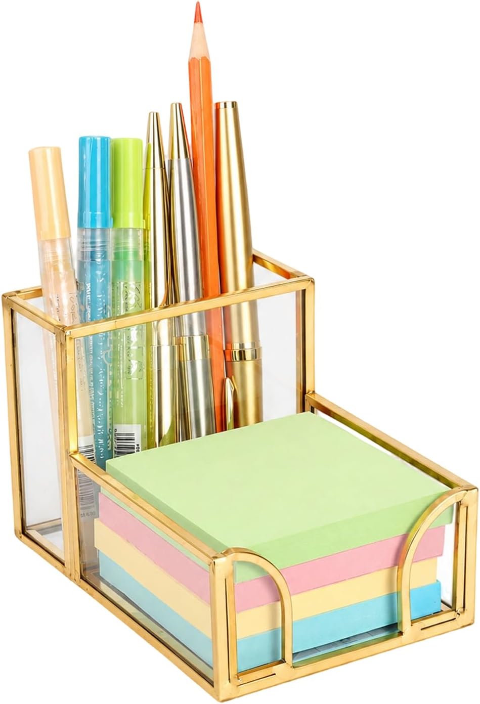 Feyarl Gold Glass Note Holder with Pen Pencil Cup 3x3 Inch Sticky Notes Desk Organizer Markers Pen Storage Desktop Accessory for Office Home Classroom