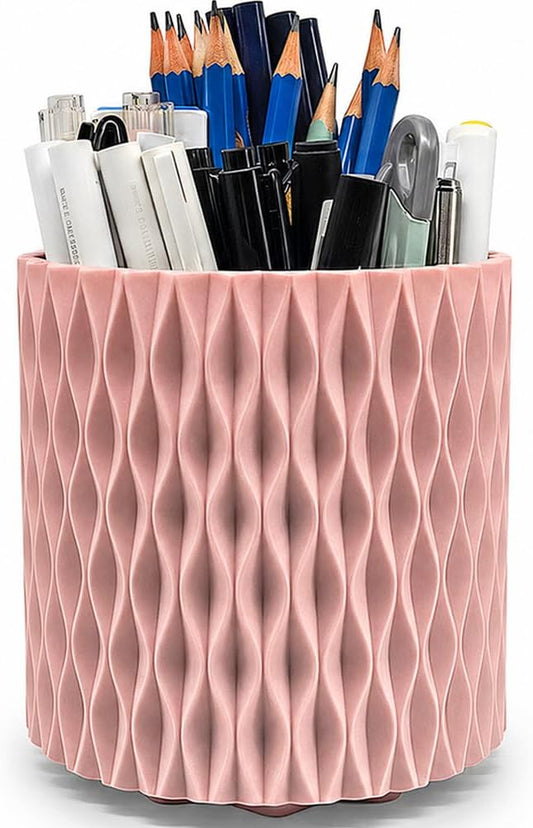Lebenrich Rotating Pencil Holder for Desk, 5 Slots Unique Pink Organizer Easthetic Desktop Supplies and Accessories for Women Girls, Pen Cup Caddy for Office Home Art Supply