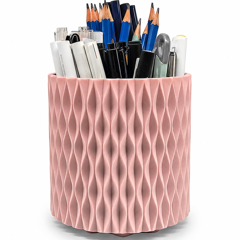 Lebenrich Rotating Pencil Holder for Desk, 5 Slots Unique Pink Organizer Easthetic Desktop Supplies and Accessories for Women Girls, Pen Cup Caddy for Office Home Art Supply
