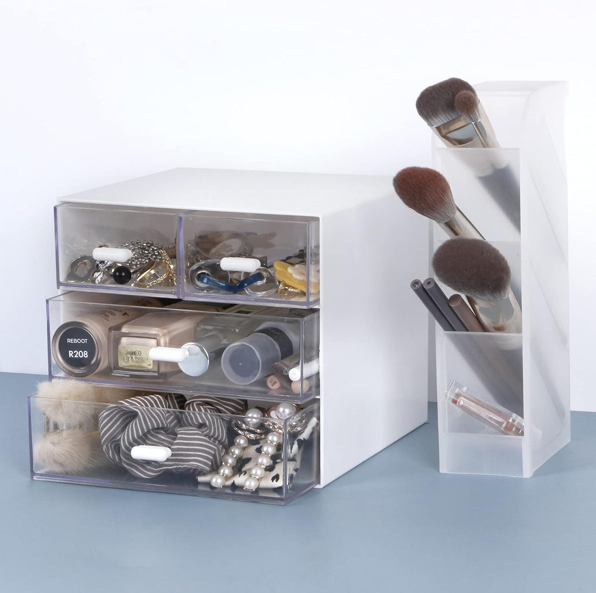 Desk Organizer with Drawer, Office Organizer with 4 Drawers, Desk Storage Box for, Desktop, Dressing table, Office, School, Home, Plastic Box and 4 Acrylic Drawers(White)