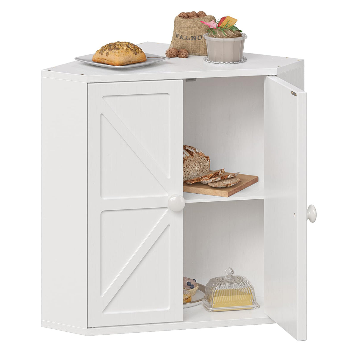 Trironsun Corner Bread Box for Kitchen Counter Double Layer Bamboo Bread Storage Container Large Capacity Bread Storage Bin Farmhouse Breadbox Organizer (White)