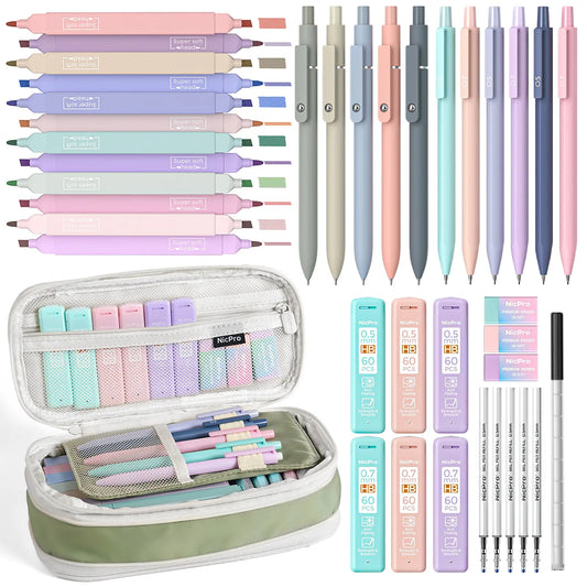 Nicpro Stationary Set - Office Supply Kit with Big Capacity Pen Box Kit, 6 Pastel 0.5-0.7mm Smooth-Writing Mechanical Pencils & Markers for Students (Back to School Hauls Study Supplies)