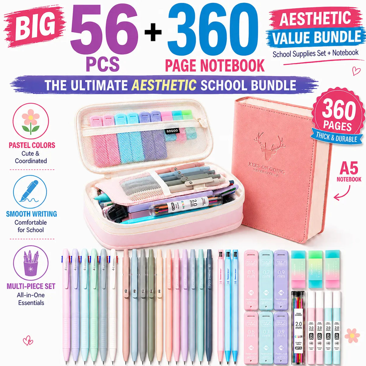 【Buy 1 Get Gift】back to school shopping Four Candies 56PCS Aesthetic School Supplies with Cute Pencil Case,6 Multicolor Pens,12 Pastel Highlighters, 5 Black Ink Gel Pens, 9 Mechanical Pencils for Student Essentials,girly office supplies,Writing Stationery