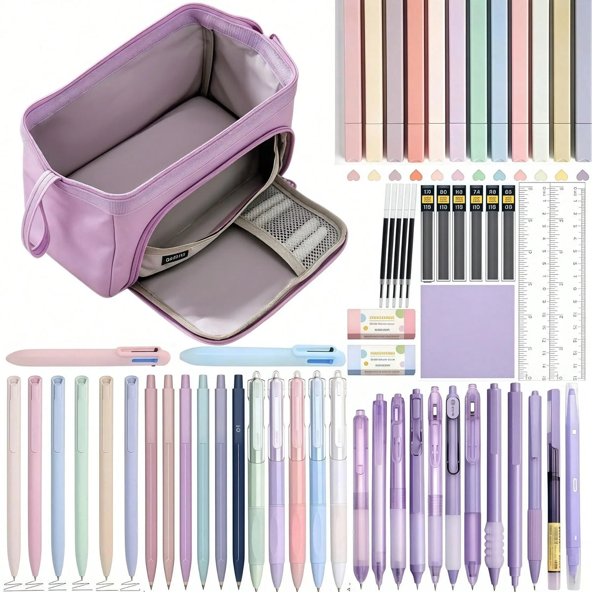 61PCS Aesthetic Office School Classroom Supplies with Large Pencil Case, Black Ink 0.5 mm Fine Point Smooth Writing Gel Pens, Mechanical Pencils Set, 12 Highlighters, Sticky Notes, Stationery Bag, Back to School Kit for Teens, Girls, Adults and Students