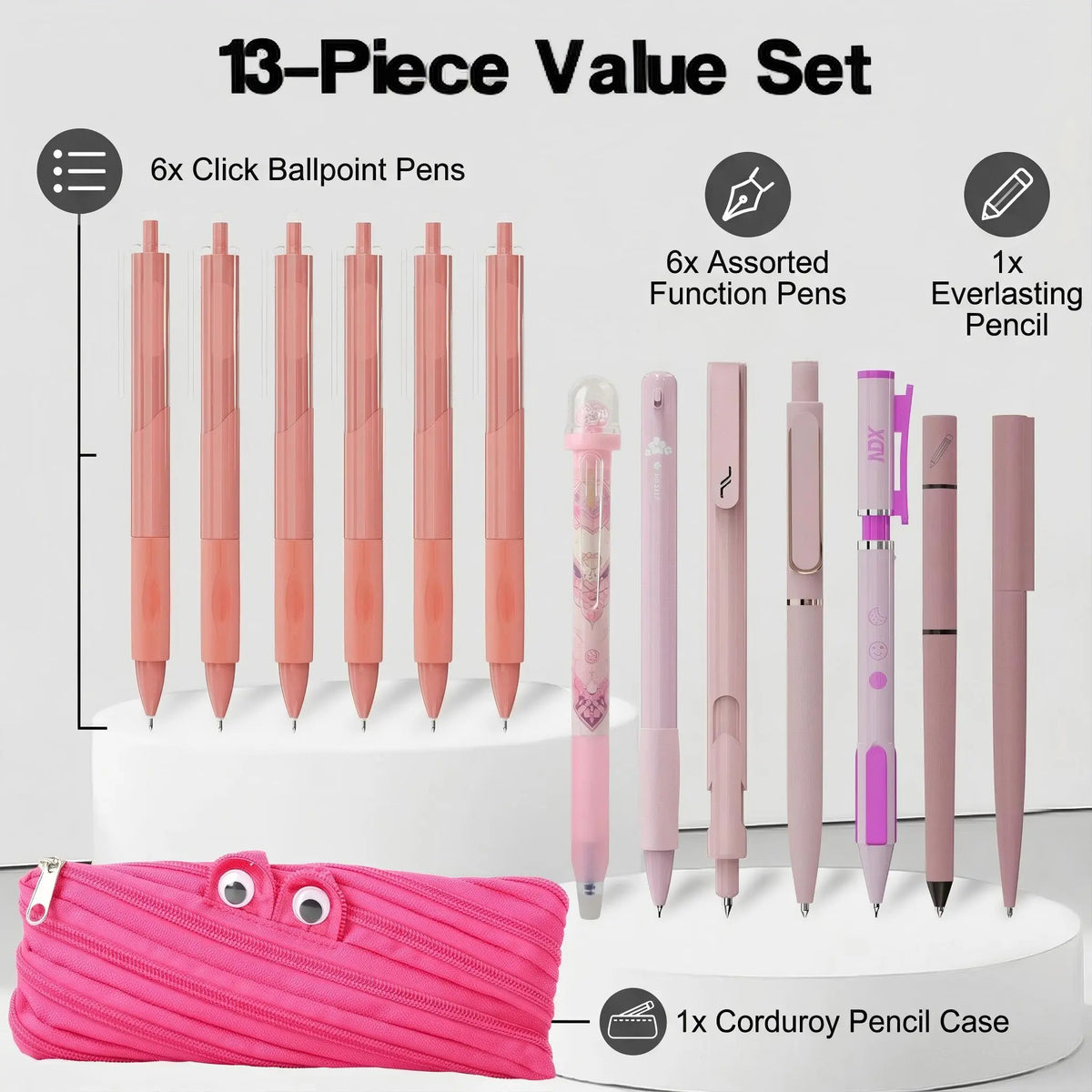 Rarler 13 PCS Smart Pen Set with Monster Pencil Case 8 Unique Types 1 Twist 1 Everlasting 1 Grip 1 Click 1 Retractable 1 Agile 1 Erasable Gel 6 0.5mm Ballpoint Pens for School Study Exams, Ballpen Set, Back To School, School Supplies
