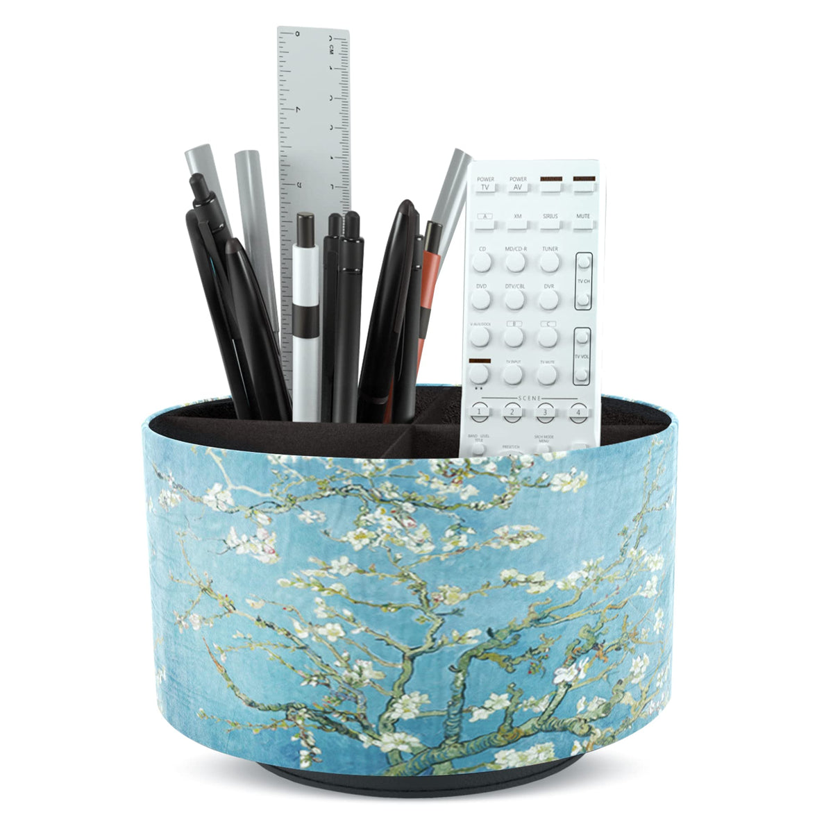 Round Leather Art Supply Organizer,Remote Control Holder,360 Degree Rotating,Multi-Functional Pencil Holder,4 Compartments Desktop Stationary Organizer(1-Fractal Flower)