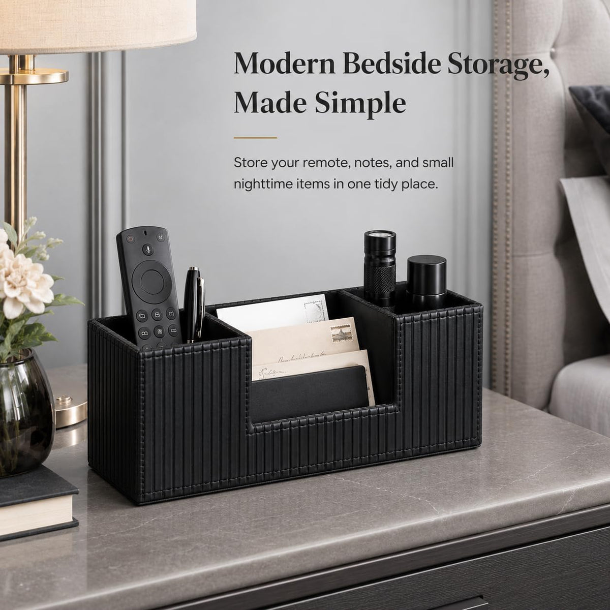 GORESE Pen Holder for Desk, PU Leather Desk Organizer for Office, Black