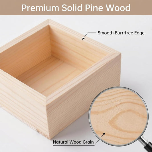 4 Pack Square Unfinished Pine Wood Storage Boxes, Natural Wooden Organizer Bins for Desktop, Bathroom, Kitchen, DIY Crafts, 8x8x4cm (small boxes 4p)