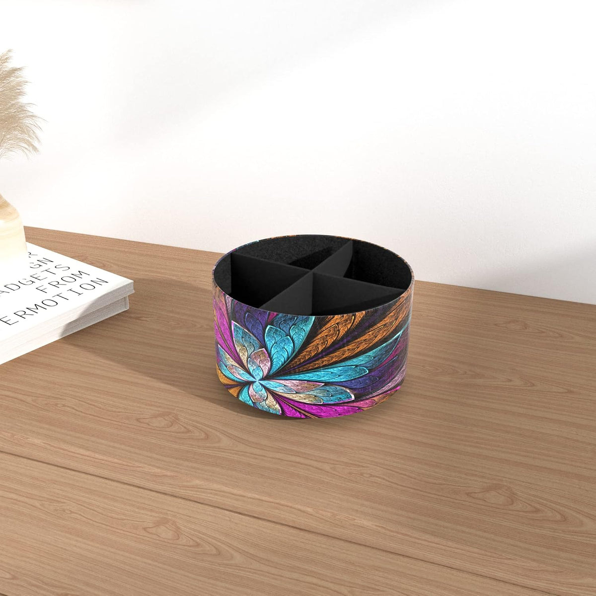 Round Leather Art Supply Organizer,Remote Control Holder,360 Degree Rotating,Multi-Functional Pencil Holder,4 Compartments Desktop Stationary Organizer(1-Fractal Flower)