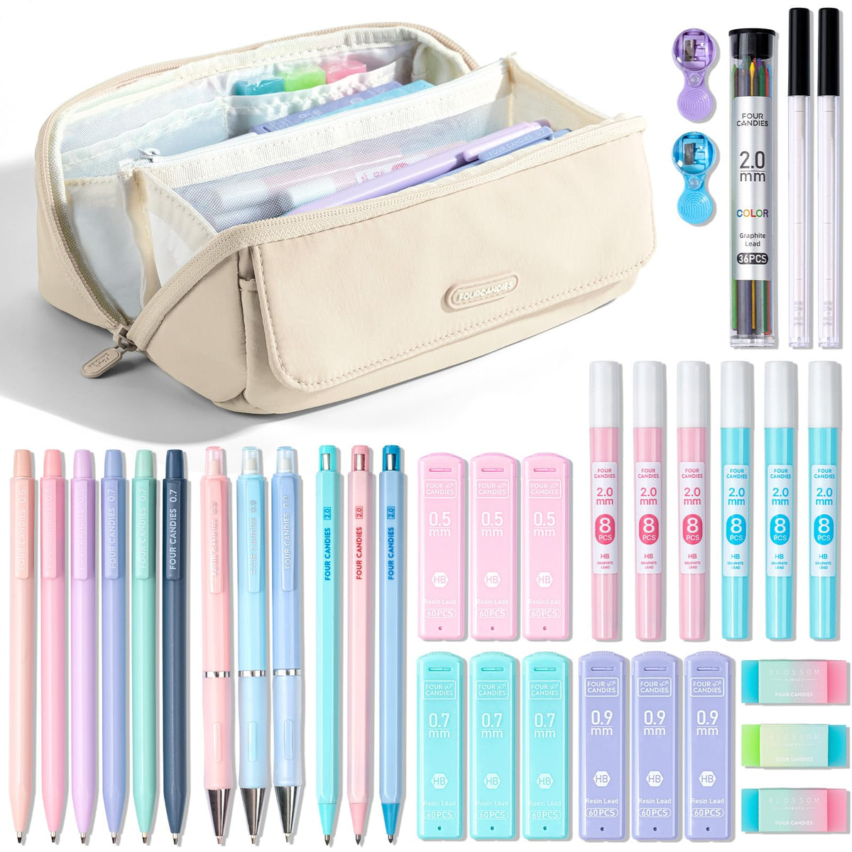 Four Candies 36PCS Mechanical Pencil Set with 624 Lead Refills (Pink)