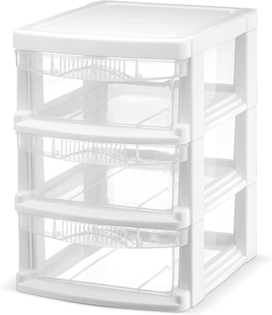 Tribello 3 Drawer Plastic Storage, Mini Drawer Unit, White Frame With Clear Drawers for Craft Storage - 8.5"L X 7"W X10"H Inches - (1 Pack)