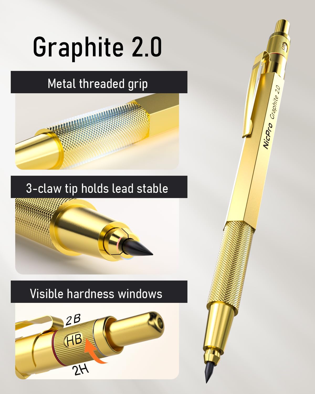 Nicpro 35PCS Gold Art Mechanical Pencils Set, 3 PCS Metal Drafting Pencil