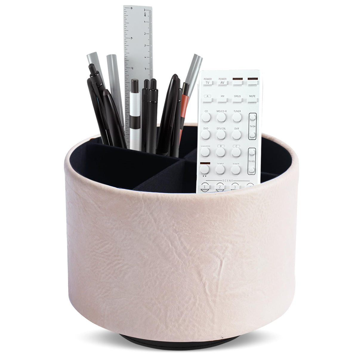 Round Leather Art Supply Organizer,Remote Control Holder,360 Degree Rotating,Multi-Functional Pencil Holder,4 Compartments Desktop Stationary Organizer(1-Fractal Flower)