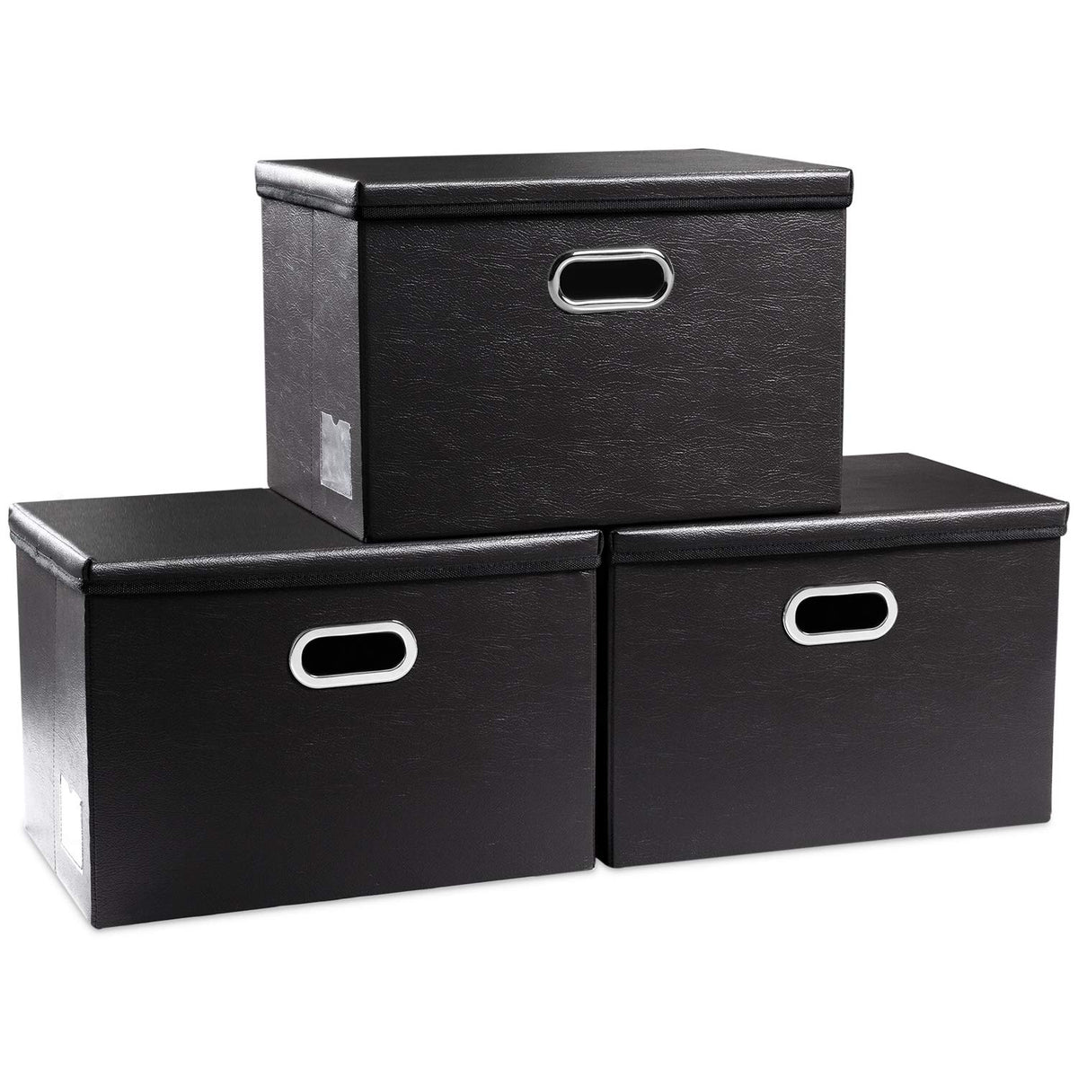 PRANDOM Large Collapsible Storage Bin with Lid [1-Pack] Leather Fabric Foldable Storage Box Organizer Containes Basket Cube with Cover for Home Bedroom Closet Office Nursery Black (17.7x11.8x11.8)